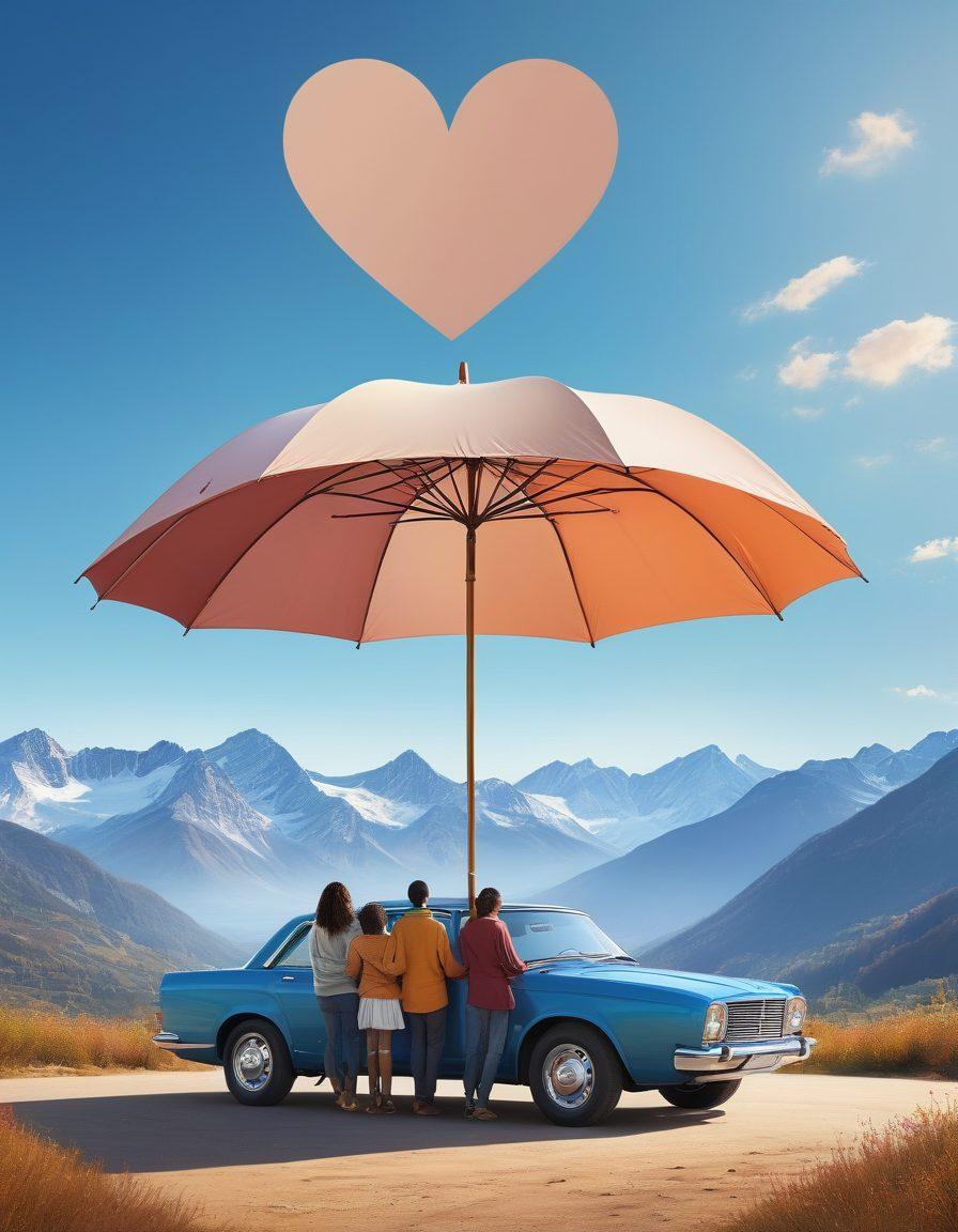 A serene scene depicting a diverse family gathering under a protective umbrella labeled 'Trust', symbolizing safety and love. Surrounding them are various icons representing health and auto insurance, like a heart, a car, and a stethoscope. In the background, a beautiful landscape of mountains and a blue sky signifies hope and stability. Warm, inviting colors emphasize the theme of faith and trust. super-realistic. vibrant colors. soft background.