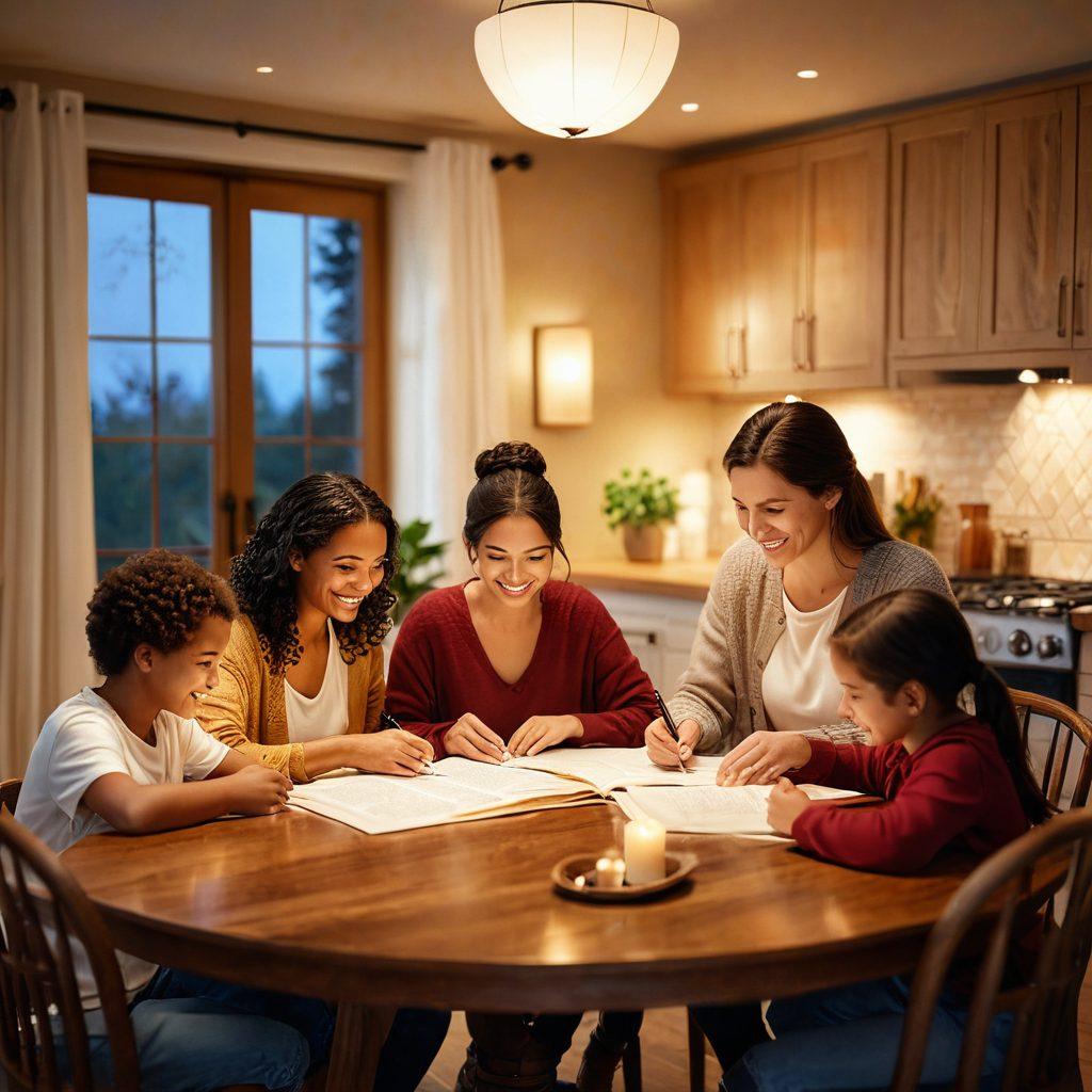 A cozy home interior with warm lighting, showcasing a family gathered around a table, emphasizing love and togetherness, with insurance documents subtly placed on the table. In the background, hearts and home symbols softly blend into the decor, illustrating the bond between love and insurance decisions. Super-realistic. Warm colors. Soft focus.