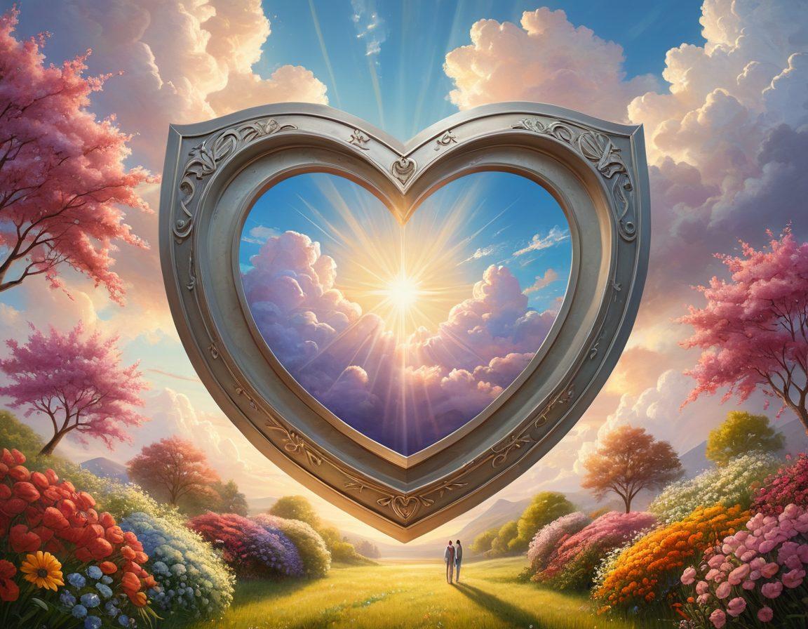 A serene landscape depicting a strong heart-shaped shield made of various insurance symbols surrounded by soft clouds and rays of sunlight. In the background, a couple holding hands symbolizes love and faith, with blooming flowers representing hope and security. The scene conveys warmth and protection, encouraging positive emotions. dreamy and uplifting. soft pastel colors. 3D effect.